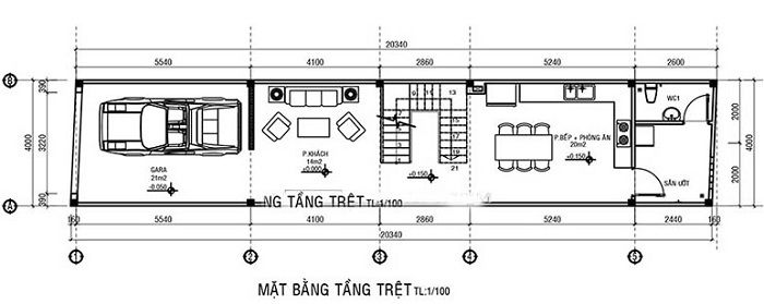 Bản vẽ công năng tầng trệt thiết kế nhà ống 2 tầng 1 tum 3 phòng ngủ